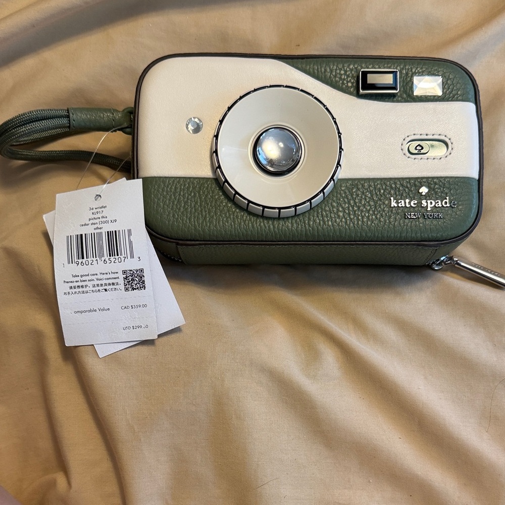 Kate Spade Green and White Camera Wristlet